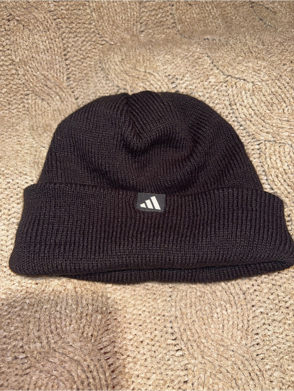 Adidas Black Knit Cuffed Beanie Hat White Logo Patch